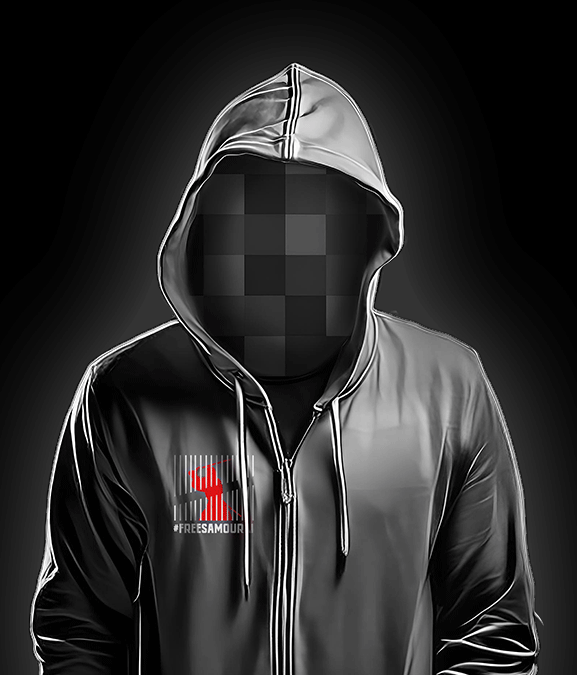Anon, a mysterious Blockhunters character, wears a hoodie with a Free Samurai logo, symbolizing privacy and anonymity in Bitcoin. Black